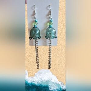 Aqua Jellyfish Acrylic Earrings With Silver Tone Chains